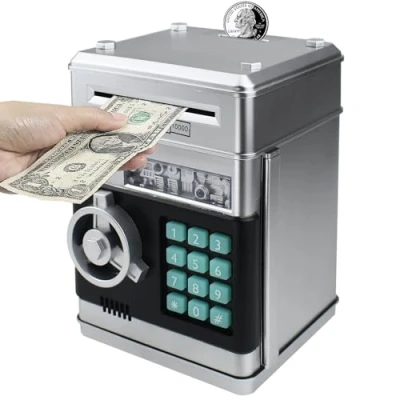 Immagine di HUSAN Salvadanaio Elettronico per Bambini, Password Mini ATM Piggy Bank Giocattolo Regalo di Compleanno Bambini (Argento )