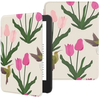 Immagine di MoKo Custodia Compatibile con 6 Pollici Nuovo Kindle 11a Generazione 2024/2022 &amp; Versione Internazionale, Cover Leggera Auto Sveglia/Sonno per 2024 Gen e Reader, Tulipano
