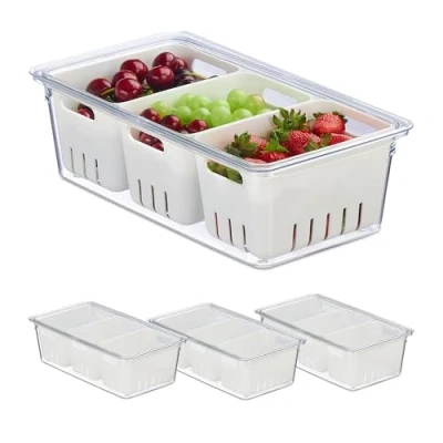Immagine di Relaxdays Set di 4 Organizer per Frigorifero Contenitori Frigo con Coperchio, da 4, Impilabili, 3 Cestelli Scola Verdure, Box Alimenti, Trasparente, Plastica, 10 x 32 17,5 cm ca