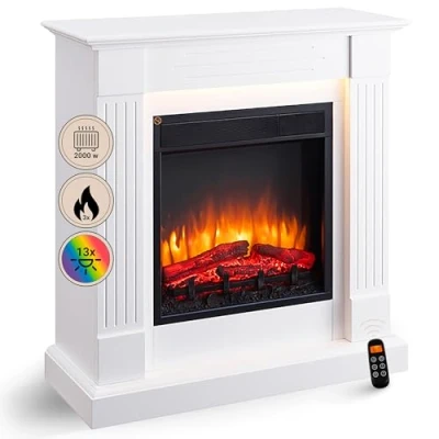 Immagine di BALDERIA camino elettrico Ladina Caminetto a terra con effetto fiamma 3D Riscaldamento 2000 W Focolare pavimento telecomando, timer, termostato Bianco