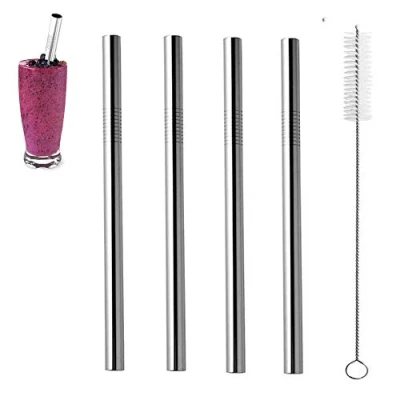 Immagine di ZhaoCo Acciaio INOX Cannucce 8.5 pollici, Set di 4 Riutilizzabili Lavabile in Metallo con 1 Spazzola Pulizia per Smoothie Milkshake Cocktail e Bevande Calde Dritto, larghe