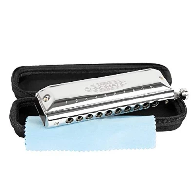Immagine di CASCHA Armonica cromatica 10 40 I a bocca cromatica, fori con toni, robusta cassa in acciaio inox, perfetta per principianti e professionisti, set Blues Harp custodia morbida