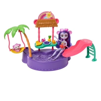 Immagine di Enchantimals Piscina dei Tuffi Scimmietta, playset con bambola accessori e amico cucciolo, scivolo, altalena 12+ pezzi inclusi, giocattolo per bambini, 4+ anni, HTW73