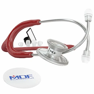 Immagine di MDF Instruments, Stetoscopio leggero Acoustica per medici, infermieri, studenti, uso sanitario a domicilio, adulti, doppia testa, tubo bordeaux, auricolare pettorale argento, MDF747XP17