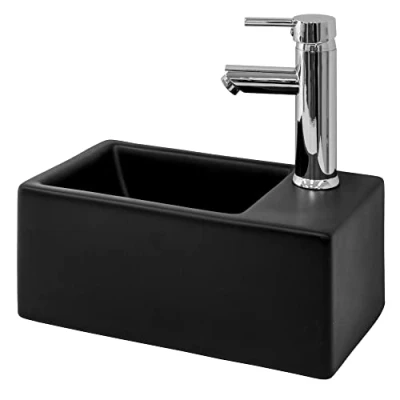 Immagine di ML Design Lavabo in Ceramica 35,5 x 20,5 12,5 cm Lavello d&#039;Appoggio Rettangolare Lavandino Semplice Moderno con Foro di Scarico Lavamani Nero Opaco Elegante Montaggio del Rubinetto a Destra