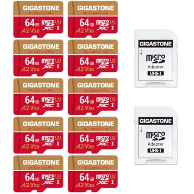 Immagine di Gigastone Scheda di memoria 64 GB Set da 10, 4K Camera Pro, Specialmente per GoPro Drone Switch, Velocità 95 MB/s. A2 U3 V30 Micro SDXC con Adattatore SD.
