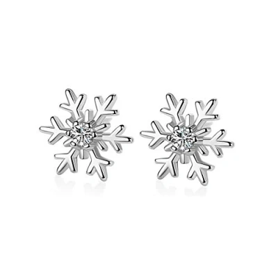 Immagine di Orecchini a perno in argento Sterling 925 forma di fiore fiocco neve con zirconi cubici delicati strass alla moda per donne e ragazze, gioielli Natale regali, Cristallo, Zirconia cubica