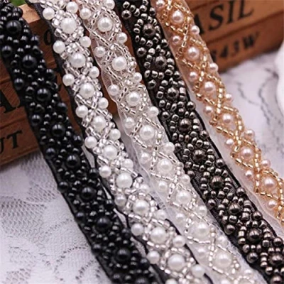 Immagine di Yulakes Nastro in pizzo con perline e perle, 18,8 m, decorazione per abiti da sposa, colletti, maniche pizzo, fai te, colore bianco