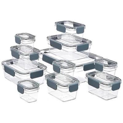 Immagine di Amazon Basics Contenitore per alimenti con chiusura, tritan, 11 unità contenitori coperchi, 22 unità, Trasparente