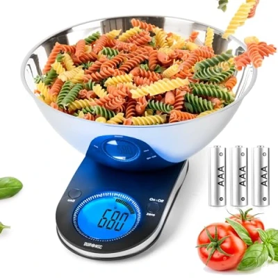 Immagine di Duronic KS5000 Bilancia da cucina digitale ad alta precisione Portata 1g / 5 kg Ciotola INOX 24,5 cm inclusa Display retroilluminato e funzione tara Ideale per pasticceria