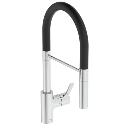 Immagine di Ideal Standard Gusto, Miscelatore monocomando semi professionale per lavello da cucina, Bocca alta tubolare con doccetta orientabile ed estraibile multifunzione sede magnetica, Cromato