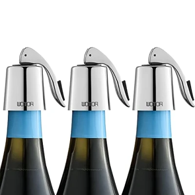 Immagine di WOTOR Tappi bottiglie vino in acciaio inox, Tappo per con guarnizione silicone, riutilizzabile accessori vino, a prova di perdite, mantenere il fresco, confezione da 3 (argento)