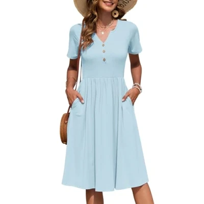 Immagine di AUSELILY Vestito Estivo a Maniche Corte da Donna Abito Casual Scollo V al Ginocchiocon Bottoni con Tasche Azzurro Cielo L