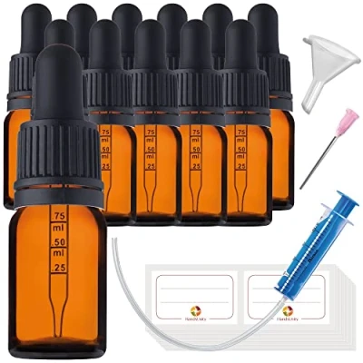 Immagine di HandsUnity 5ml 12pz Bottiglia Pipetta Piccola di Vetro set Vasetti da Farmacia in Ambrato con Tappo Nero per include 29pcs Accessori Bottiglie Marrone