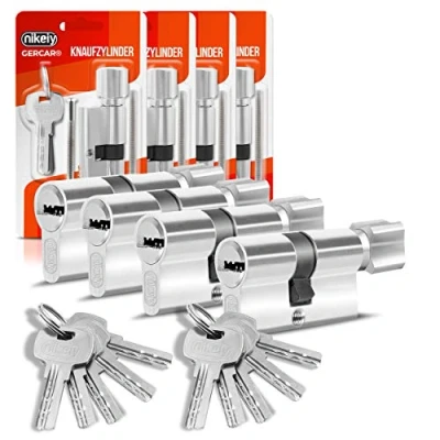Immagine di GERCAR Cilindro profilato per porta, serratura a cilindro, 40/40, con pomello, incluse 10 chiavi, chiave unica, lunghezza: 80 mm, A:40 B:40, set da 4 pezzi