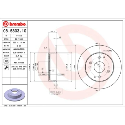 Immagine di BREMBO 08.5803.10 Disco freno 260 10 4 pieno con bulloni/viti HONDA: CIVIC 6 Hatchback, Aerodeck, ACCORD 5