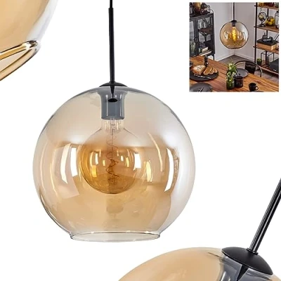 Immagine di lampada a sospensione Koyoto, in metallo/vetro nero/ambra/chiaro, 1 luce design vintage/retrò con paralume vetro (Ø 30 cm), altezza massima 152 cm, 1x E27, senza lampadina/e