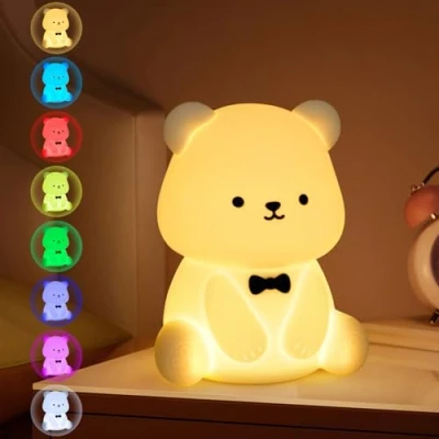 Immagine di BUOAZR Luce Notturna Bambini, Calda Dimmerabile Progressive&amp;Luce a 8 Colori, Lampada da Comodino Ricaricabile USB, in silicone dell&#039;orsetto BPA Free, Portatile