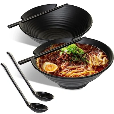 Immagine di HEFTMAN Set di 2 ciotole per ramen giapponesi, eleganti da 1000 ml, lavabili in lavastoviglie, plastica resistente Con cucchiai e bacchette coordinati (nero)