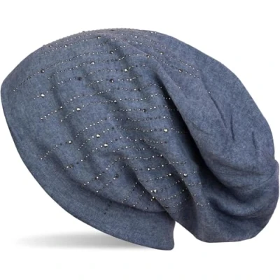 Immagine di styleBREAKER Cuffia Beanie con Strass e Borchie in Elegante Design a Righe, Slouch longbeanie, Unisex 04024086, Colore:Jeans Blu Pois