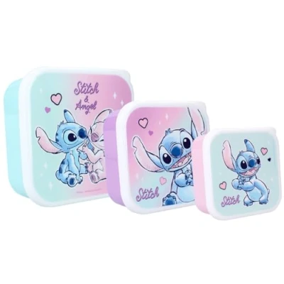 Immagine di Disney Lilo &amp; Stitch Set per snack (3 in 1) bambini 3 Contenitori PORTA MERENDA a incastro Spuntini Scuola Asilo Sport