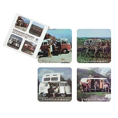 Immagine di BRISA VW Collection Volkswagen Sottobicchieri per bevande in sughero con rivestimento MDF Campervan T1 Bus design (Set di 4/Paesaggio/Multicolore)