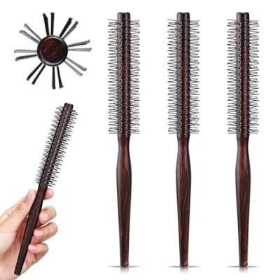 Immagine di CLDURHGE 3 Pezzi Spazzole Capelli Rotonda Piccola per Corti, Pennello Styling con Manico in Legno Setola Nylon Sottili, Frangetta, Arricciacapelli