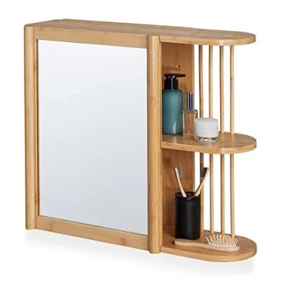Immagine di Relaxdays Mobile da Parete per Il Bagno, Mobiletto in bambù con Specchio e 2 Ripiani Semiaperti, 53x62x20 cm, Marrone