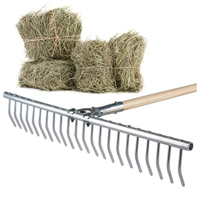 Immagine di KADAX Largo Rastrello da Giardino con Manico Lungo in Legno e Denti Curvi Alluminio per la Pulizia del Prato Raccolta Fieno delle Foglie