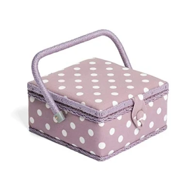 Immagine di Hobby Gift MrsQ Esclusiva Piccola Cucito, Scatola portaoggetti Artigianale, Vassoio per Accessori, puntaspilli, Manico in PVC, 20 x 11 cm, Cotone, Pois Color Malva