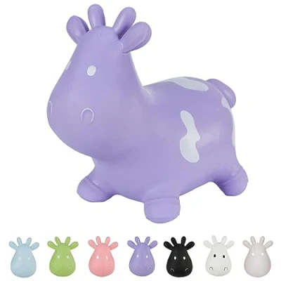 Immagine di Hoppimals Space Hopper Mucca Gonfiabile per Bambini di età Pari o Superiore a 12 Mesi Imballo con Confezione Regalo, Pompa Inclusa Cavalcabile Bambino, Palla rimbalzante Viola