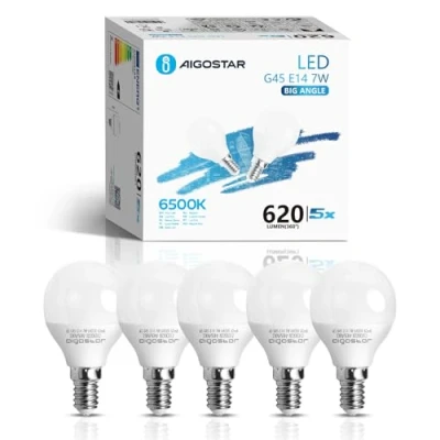 Immagine di Aigostar Lampadine LED E14, 7 W Equivalenti a 49 W, Luce Bianca Fredda 6500K, 620 Lumen, G45 Lampadina, Pacco da 5