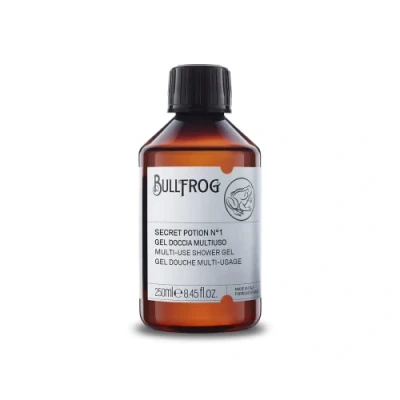Immagine di Bullfrog Gel Doccia Multiuso Secret Potion N.1 250ml Deterge capelli, viso e corpo Proprietà rinvigorenti Note legnose, aromatiche ambrate Made in Italy