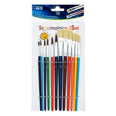Immagine di TSI Set di pennelli per pittura scolastica, 12 pezzi, capelli (dimensioni 1,2,4,6,8 e 10) Pennello setole 4,6,8, 10, 14), fusto laccato colorato, art. 49111