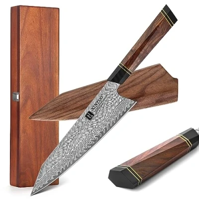 Immagine di XINZUO 21.5cm Coltello da Chef Acciaio Damasco, Cucina Kiritsuke Forgiato a Mano Gyuto Manico in Desert Ironwood Con Fodero Legno e Scatola di Acacia