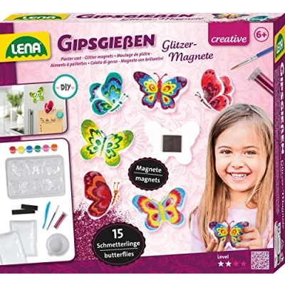 Immagine di Lena 42707 set di 15 calamite glitterate a farfalla, in ghisa, con 6 stampi gesso, pittura, pennelli, glitter e strisce magnetiche, fai da te per bambini partire dagli anni su