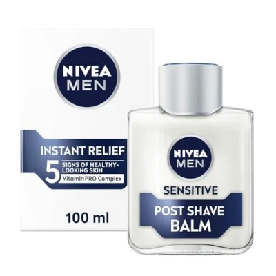 Immagine di NIVEA MEN Balsamo post barba sensibile (100 ml), 0% alcol con camomilla e vitamina E, allevia la pelle da 5 segni di irritazione, essenziale per cura della rasatura uomo