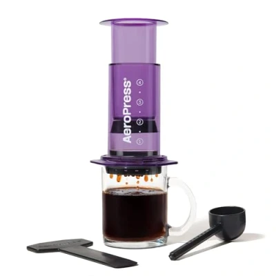 Immagine di AeroPress Clear Viola Macchina per Caffè 3 in 1: combina French Press ed Espresso corposo senza amarezza Piccola caffettiera portatile viaggio e campeggio,