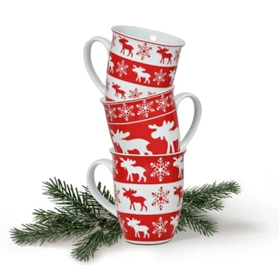 Immagine di matches21 Set di 3 tazze natalizie con immagini alci e fiocchi neve rosso/bianco in porcellana da 10 cm dalla capacità 250 ml.