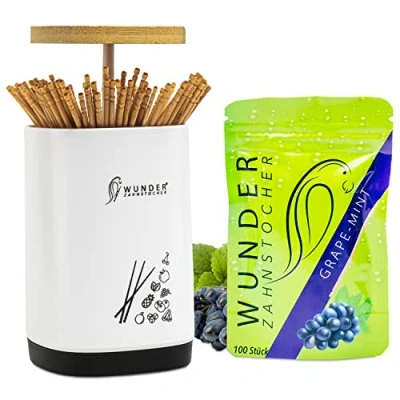 Immagine di Distributore di Stuzzicadenti con funzione easy lift Porta + 1 confezione (100 stuzzicadenti) aromatizzati (uva/menta)