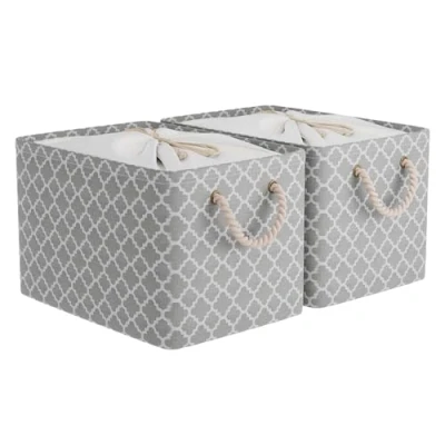 Immagine di OUTBROS Cestini Portaoggetti Pieghevole Confezione da 2, 40 x 30 26 cm Scatola con Coulisse e Manici, Cesti in Tessuto, Lanterna/Grigio