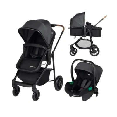 Immagine di Bebeconfort Haze Trio, 3 in 1 Passeggino per bambini 0 4 anni, max 22 kg, Leggero e Compatto, Seduta Convertibile Navicella, Seggiolino Auto i Size, Coprigambe parapioggia, Tinted Grey