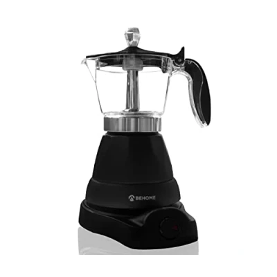 Immagine di BEHOME Caffettiera elettrica 3 tazze Macchina da caffè con Riduttore 1 tazza Auto spegnimento e Mantenimento caldo per 30&#039; min, Base Rotante a 360, Nera (Senza Timer)