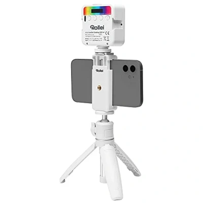 Immagine di Rollei Comfort Desktop LED Set in bianco, mini treppiede con luce video RGB, testa a sfera e supporto per smartphone, ideale vlogger blogger