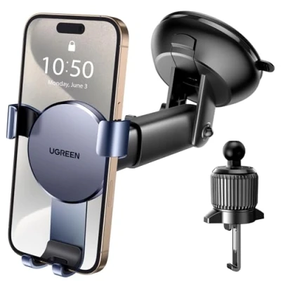 Immagine di UGREEN Porta Cellulare Auto 2 in 1 Gravità, Supporto Telefono con Ventosa E Gancio Compatibile iPhone16 15 14 13 Plus Pro Max, Galaxy S24 Ultra S23 A14, Redmi note 12 pro, ecc.Grigio