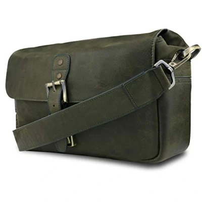 Immagine di MegaGear Torres MG1704 Borsa messenger in vera pelle per fotocamere mirrorless, istantanee e DSLR, colore: Verde oliva