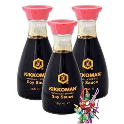 Immagine di yoaxia® Confezione da 3 [3 x 150 ml] salsa di soia decorativa [ bottiglia tavolo con beccuccio] + un piccolo ciondolo portafortuna gratuito