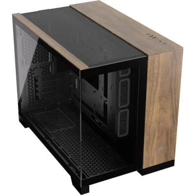 Immagine di CORSAIR 2500X Small Tower mATX Case per PC a Doppia Camera Vetro Temperato Panoramico Compatibile con Scheda Madre Connessione Inversa Nessuna Ventola Inclusa Nero/Legno di Noce