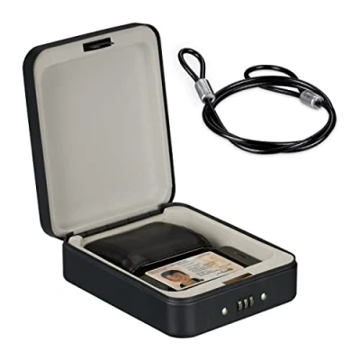 Immagine di Relaxdays Cassetta di Sicurezza Portatile con Combinazione Numeri e Cavo, Mini Cassaforte, Acciaio, HLP 6x16x20 cm, Nero