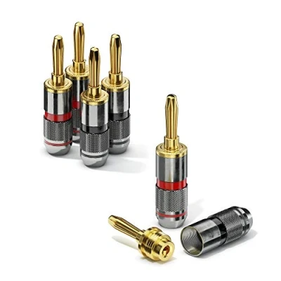 Immagine di conecto connettori a banana di fascia alta, per tutti i cavi degli altoparlanti con un diametro massimo 6 mm², 4 pezzi anello colorato tutt&#039;intorno, rosso/nero, placcato oro 24k